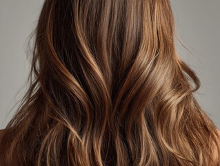 Naklejka premium Beautiful long wavy chestnut hair with subtle highlights showcasing healthy texture and natural shine against a neutral background for hair care concepts