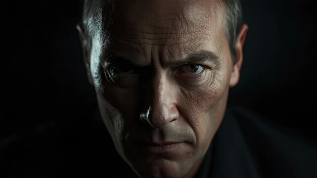 Intense mature man portrait, low key dramatic lighting, close up moody portrait conveying focus