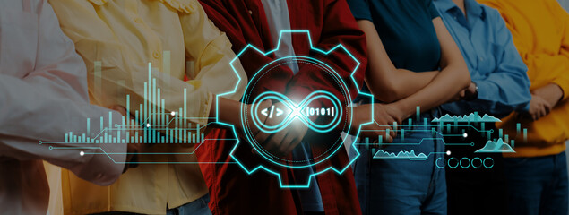 A diverse group of individuals stands together, symbolizing teamwork in the technology sector, enhanced by digital graphics representing coding and data analysis. Trope © InfiniteFlow