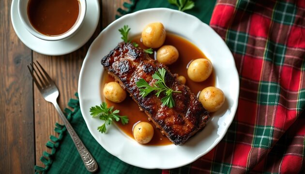 Pork ribs with sauce and small potatoes served on white plate. Festive tartan cloth on wooden table. Traditional dinner ready to eat. Nourishing meal.