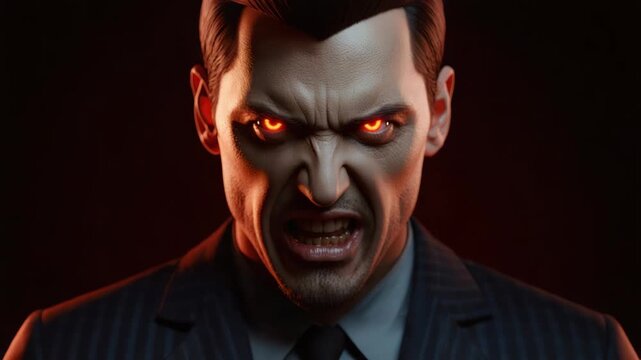 Sinister businessman male portrait with glowing eye rage and angry man portrait, dramatic low key