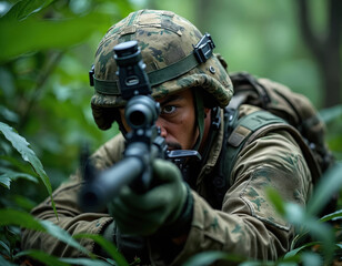 Obraz premium Soldier in camouflage lies low in jungle foliage aiming rifle. Military operative focuses through scope for target acquisition. Tactical mission in dense green forest environment.