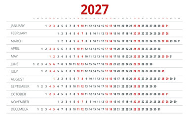 Fototapeta na wymiar 2027 calendar template and compact date rows. Clean annual 2027 planner concept for office organization, schedule overview, and print use. 12 months included