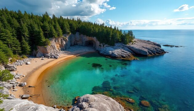 Aerial view of secluded sandy beach with cave nestled in rocky cliffs. Crystal clear turquoise water laps a forest-lined cove. Sunlit ocean meets verdant shoreline.