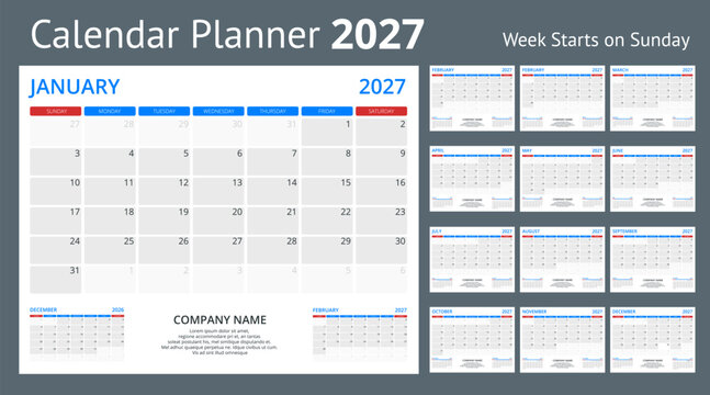 2027 calendar template and compact date rows. Clean annual 2027 planner concept for office organization, schedule overview, and print use. 12 months included