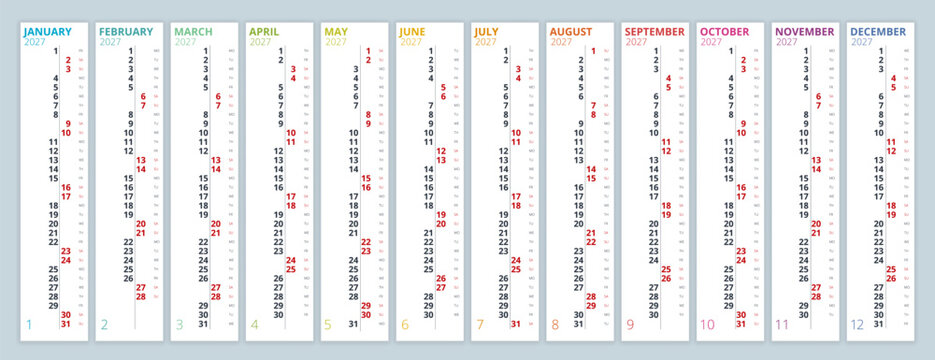 2027 calendar template and compact date rows. Clean annual 2027 planner concept for office organization, schedule overview, and print use. 12 months included