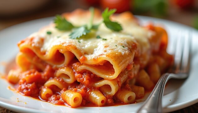 Baked ziti pasta dish served on white plate with fork. Layers of tubular pasta, marinara sauce, melted cheese, and fresh parsley garnish. Italian comfort food.