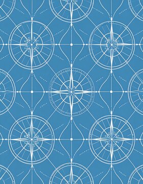 Repeating pattern of compass rosettes on a teal background