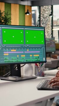 Vertical Video Green screen, AI-generated Mars visuals, worker interacts with chatbot, virtual assistant text to video interface. Deep learning algorithms process data to render solar system