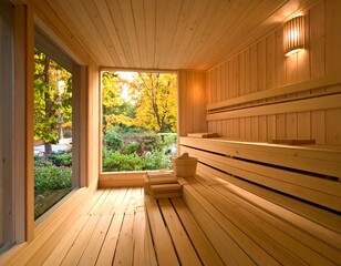 Fototapeta premium Serene wooden sauna with large window overlooking autumn foliage