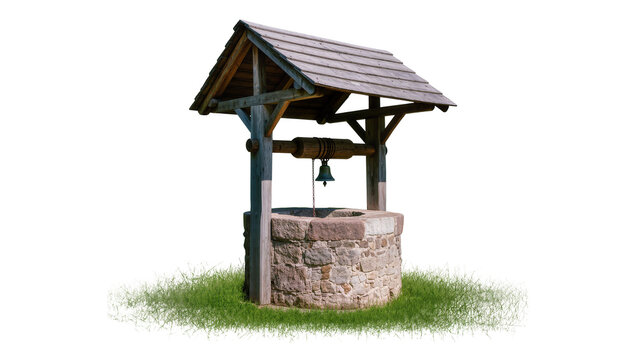 Isolated rustic stone water well with a charming wooden shingle roof and a hanging bell