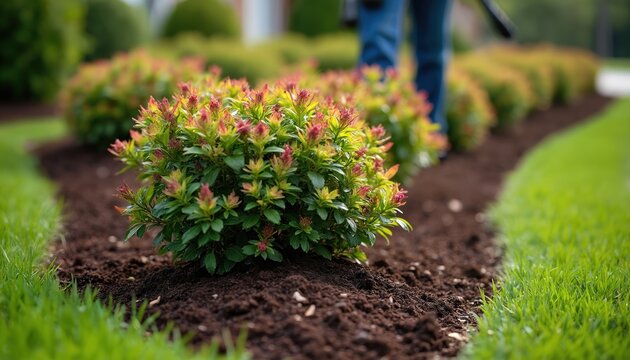 Landscaper adds dark mulch around fresh green shrubs. New garden bed with healthy plants and grass shows great landscaping care. Seasonal yard work is done.