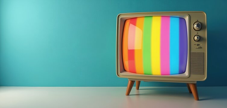 Retro television shows color bars on screen. Vintage analog TV set sits on table against blue wall. Old device displays vibrant rainbow stripes.