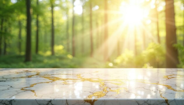 White marble tabletop with gold veins sits before blurred green forest. Sunlight streams through trees creating natural light. Empty surface for product display in outdoor setting.