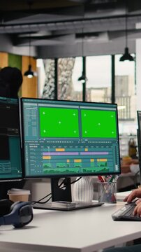 Vertical Video Green screen generative AI text to video with Mars surface footage, man at computer monitors machine learning processes and artificial intelligence systems producing outer space videos.
