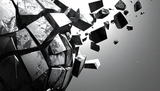 Shattered Sphere: An abstract display of fragmented geometry as a sphere bursts apart, revealing angular pieces, symbolizing deconstruction and innovative disruption.