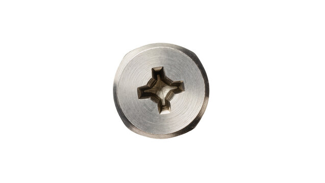 Isolated bright silver metallic Philips head screw top view of common fastening hardware