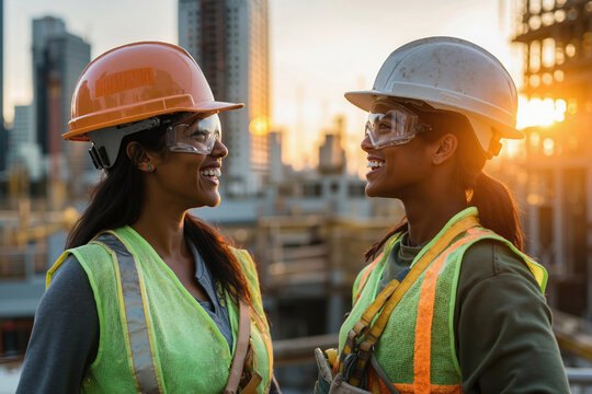 Two female construction workers, african women smiling at urban building site during sunset