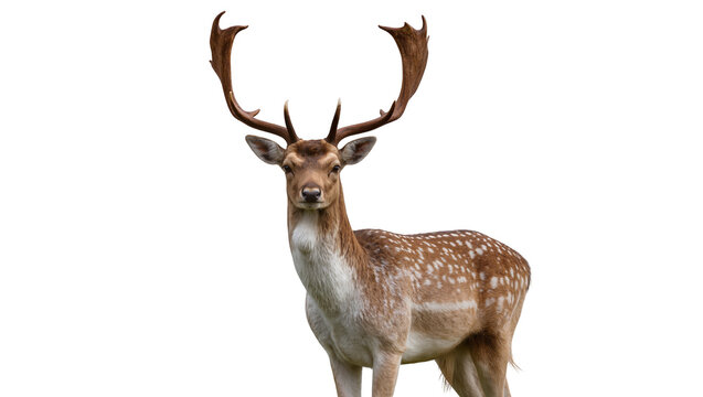 Isolated Fallow Deer buck with impressive palmate antlers and spotted fur looking at camera