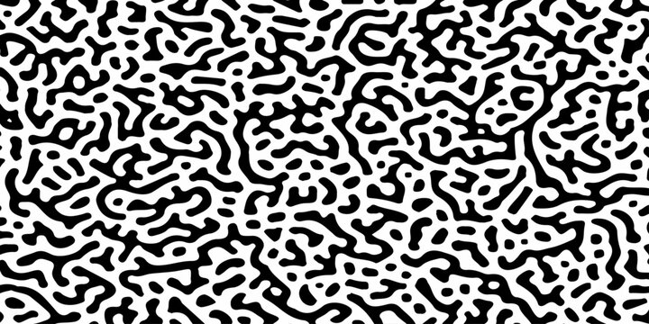 Seamless organic reaction diffusion pattern background. Abstract black and white liquid maze textures for design.