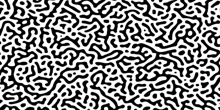Seamless organic reaction diffusion pattern background. Abstract black and white liquid maze textures for design.