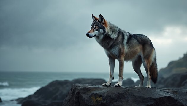 Grey wolf stands on rocky coastal cliff overlooking ocean. Wild animal observes seascape with watchful yellow eyes. Overcast sky and choppy waves complete dramatic scene.