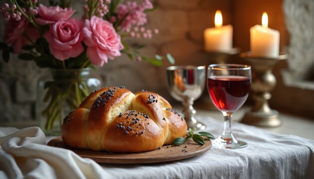 Golden challah bread and red wine set for Sabbath eve. Candles glow near flowers and silver kiddush cup. Traditional Jewish holiday meal setting.