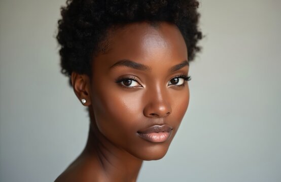 Black woman face closeup. Natural short hair, clear skin, subtle makeup. She looks directly at camera, confident and serene. Studio portrait with neutral background.