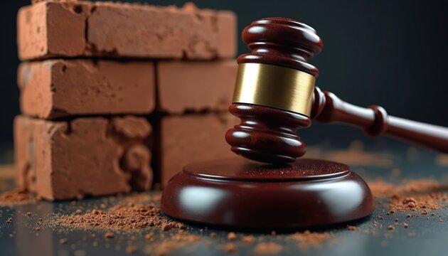 Wooden gavel and stack of bricks on table. Symbolizes legal authority, construction, and justice system foundations. Represents law order and building codes.