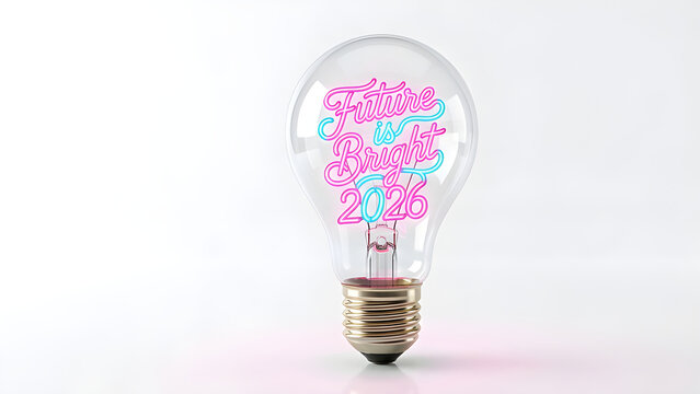 Realistic photo of a glowing lightbulb containing the neon text Future is Bright 2026.