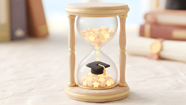 Beautiful 3D clay illustration of an hourglass dropping glowing stars to lift a graduation cap.