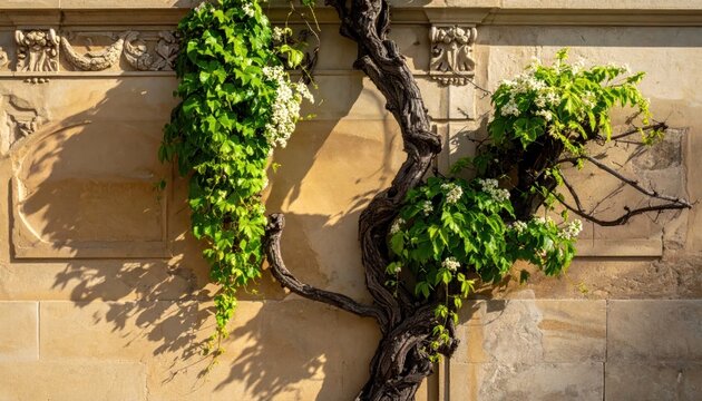 Green ivy climbing a textured stone wall with decorative carvings and shadows.