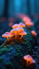 Naklejka premium Glowing mushrooms sprout from mossy log in dark forest. Orange bioluminescent fungi emit soft light. Magical scene evokes mystery nature wonder.