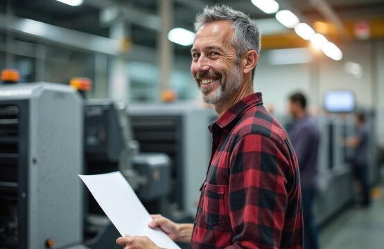Man with grey hair smiles holding paper sheet near printing machine. He wears red checkered shirt in print shop with equipment and colleagues working in background.