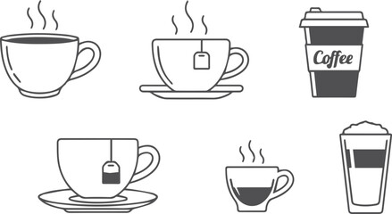 Fototapeta premium Vector Cups of coffee or tea collection , Coffee cup , Cup coffe with steam , Coffee cup icon set in outline style
