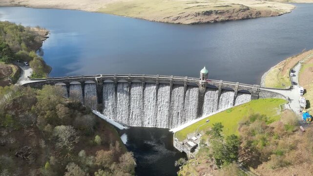 4K Aerial Wide Pan Shot at Craig Goch Dam, Mid Wales&rdquo;