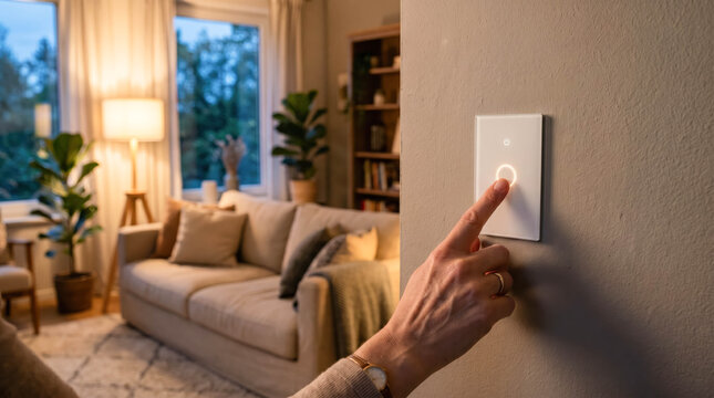 Smart touch light switch turning on in modern living room, home automation technology