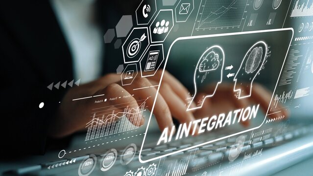 Hands Typing on Laptop with AI Integration Concept and Digital Data Visualization Elements for Technology Innovation. Asymptotic smart data analytic.