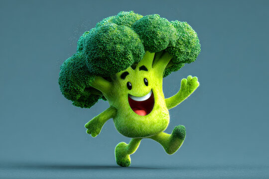 Cheerful animated broccoli character with vibrant green florets and joyful expression energetically skipping on solid blue background in fun healthy food concept