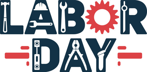 Fototapeta premium Labor Day Typography Design with Industrial Tool Icons and Gear Concept on White Background