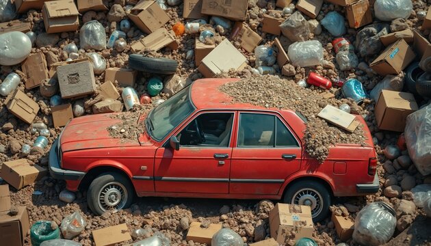 Red car buried under piles of garbage and debris. This image represents waste accumulation and environmental pollution from consumerism. Shows car junk, trash heap,.