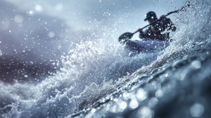 Fototapeta premium Dynamic scene of a kayaker maneuvering through turbulent water with splashing droplets creating an energetic and adventurous atmosphere in dim natural light