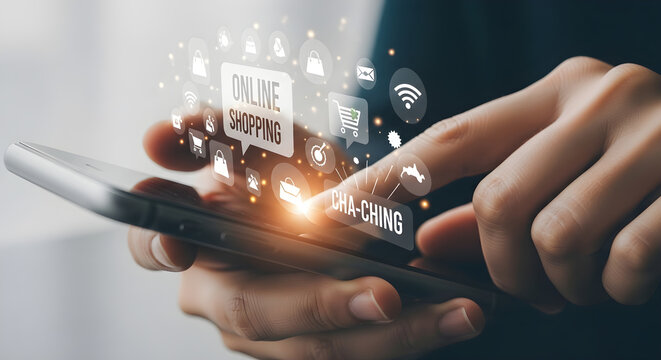 Online shopping on smartphone with digital icons