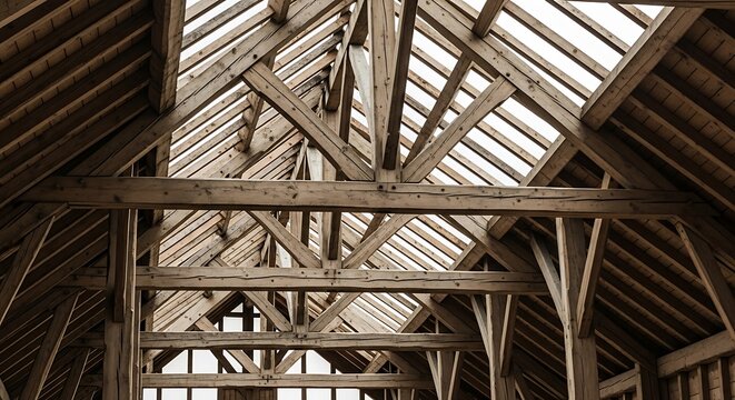 Exposed timber beams creating a detailed structural architectural form