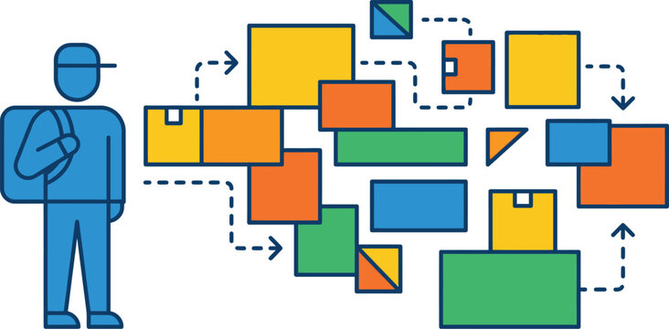 Courier standing with a backpack organizes multiple delivery packages displayed in an abstract flow chart.