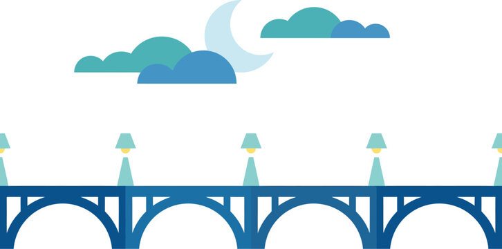 Bridge spanning across a river under a crescent moon provides a serene landscape for night time travel.