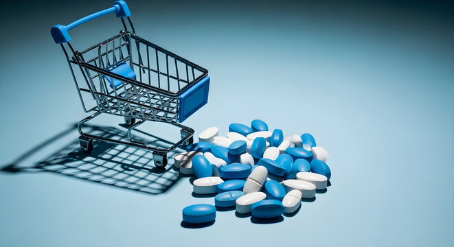 Pills and shopping cart on blue surface