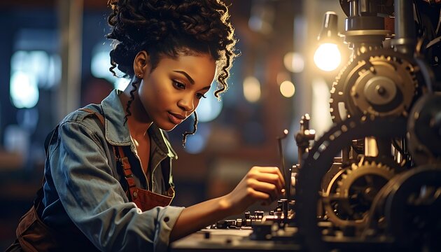 A woman with dark hair works on complex gears under warm lighting in a workshop setting, focused and skilled