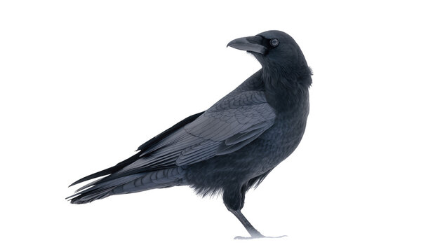 Isolated black crow standing in profile, a smart wild bird with dark feathers looking left