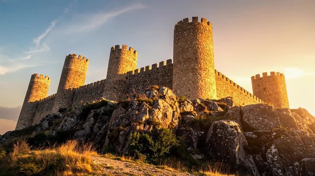Medieval stone fortress wall glowing in warm sunset light creating dramatic historic castle landscape